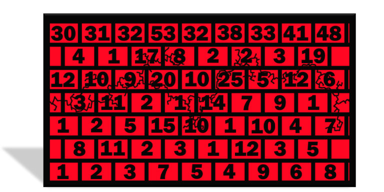A brick wall covered in numbers